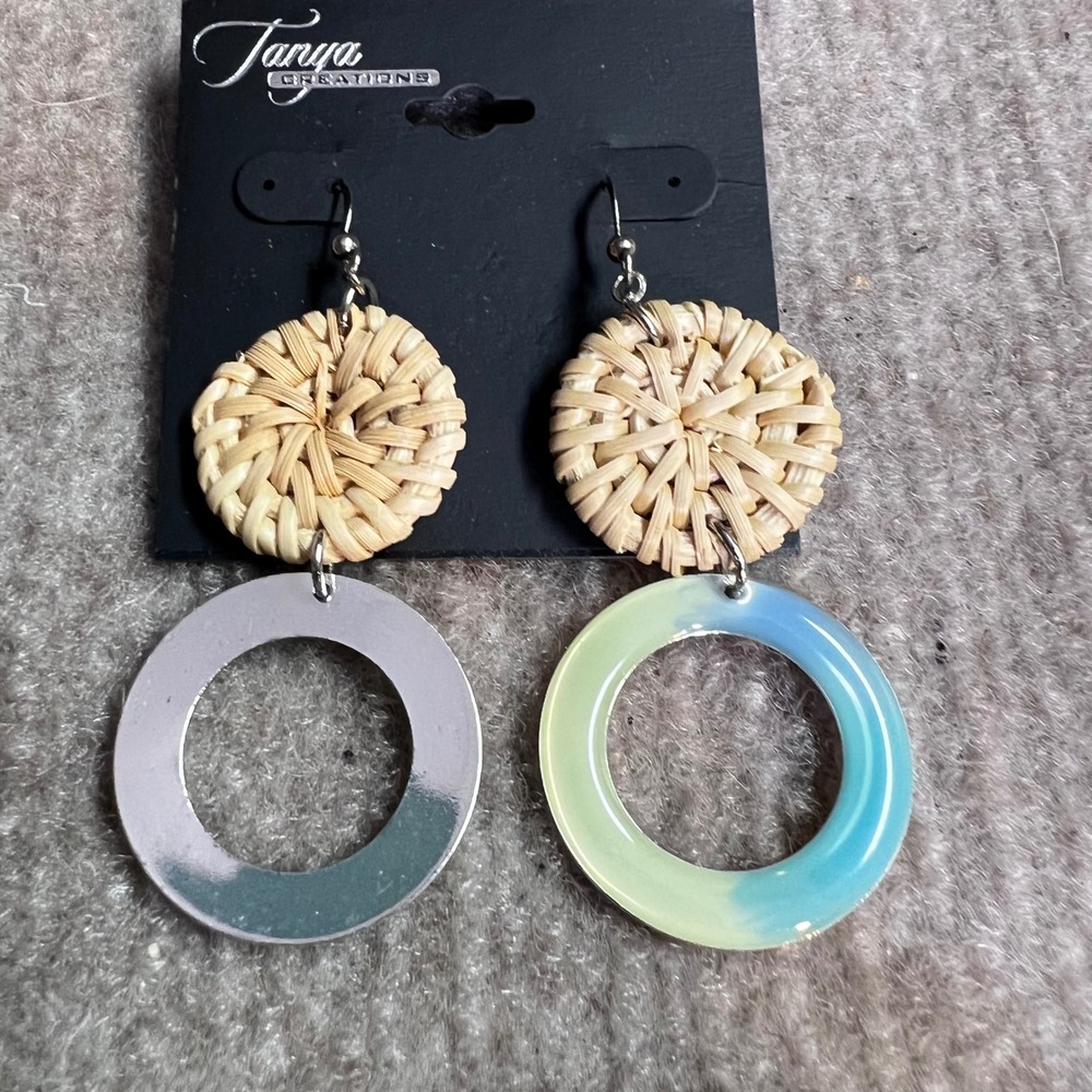 Tanya Creations Woven Rattan Resin Hoop Drop Earrings Womens OS Boho Beachy